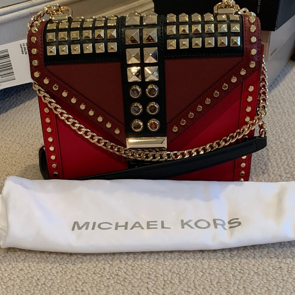 Michael Kors Red and Black Crossbody with Gold Studs